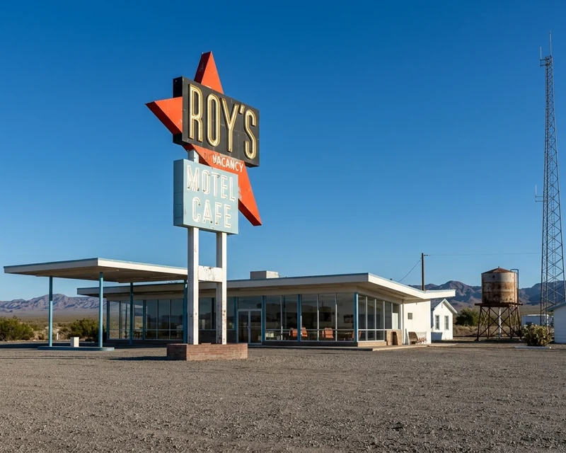 Roy's Motel and Cafe sign above the 1950s cafe in Amboy in the Mojave Desert